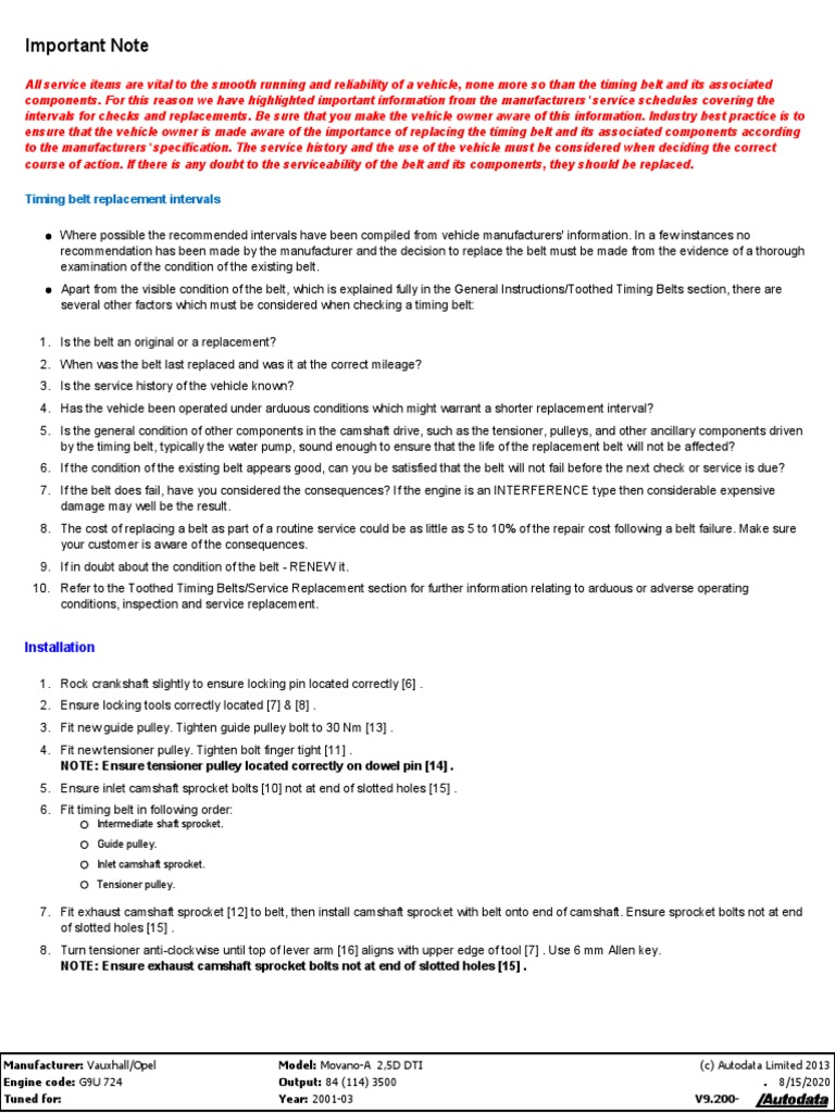 Important Note Timing Belt Replacement Intervals PDF Belt (Mechanical) Mechanical Engineering