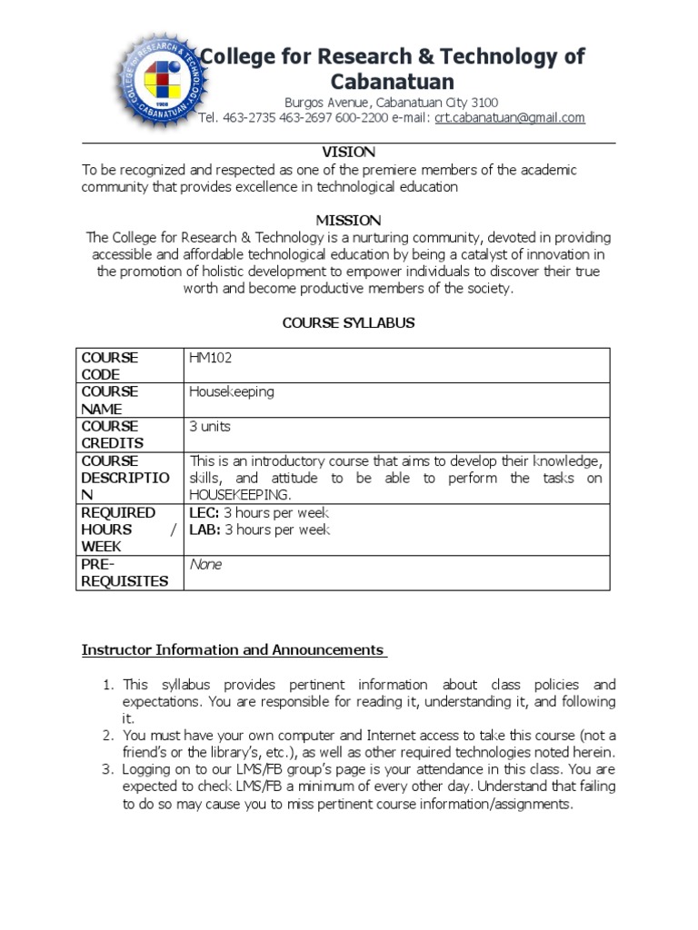 Syllabus On Housekeeping PDF Housekeeping Educational Technology