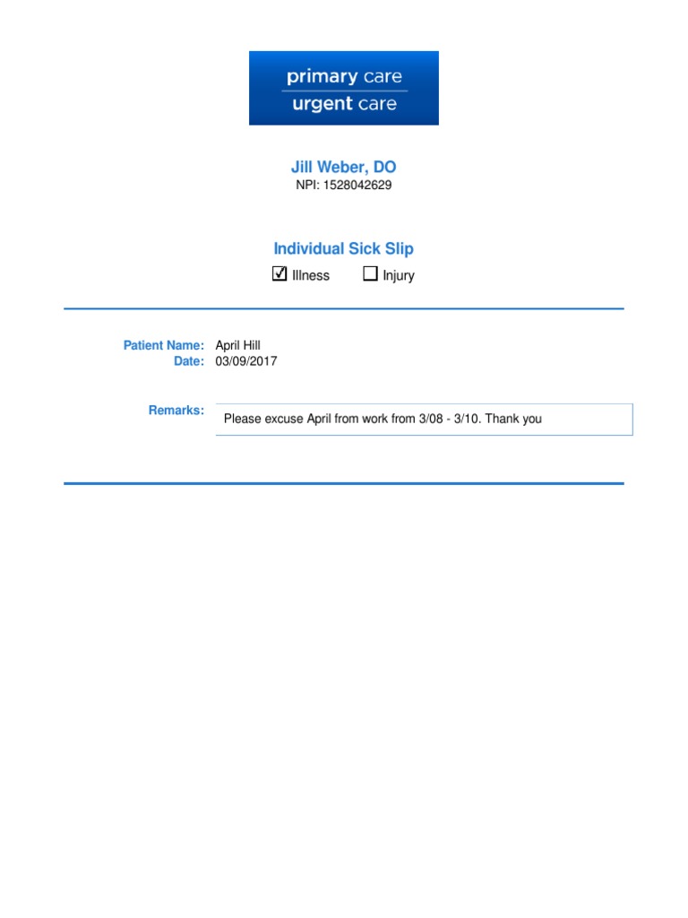 Individual Sick Slip for April Hill | PDF
