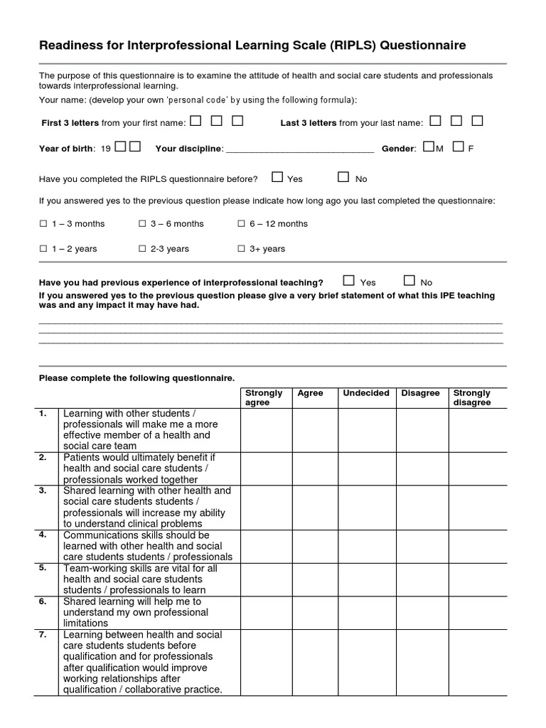 RIPLS Questionnaire for Health Students | PDF | Social Work | Patient