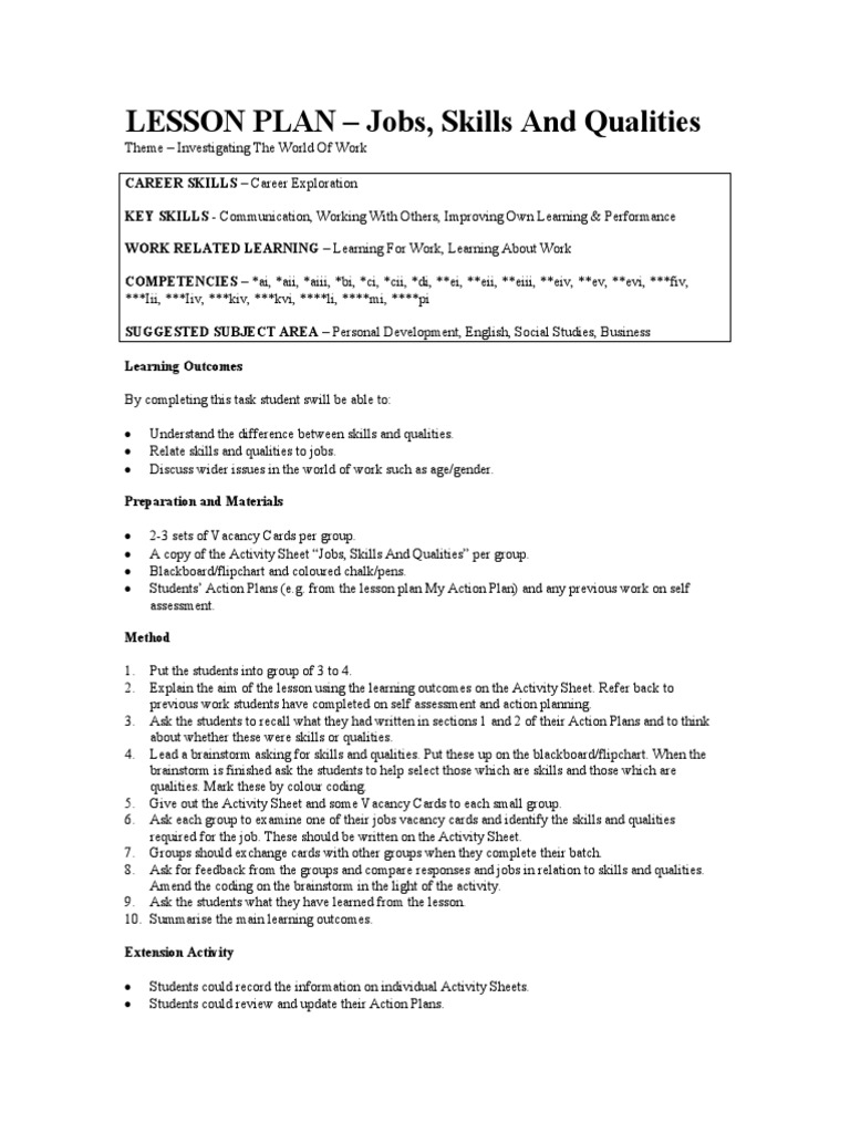 Lesson Plan 11 - Jobs, Skills and Qualities | PDF | Apprenticeship | Salary