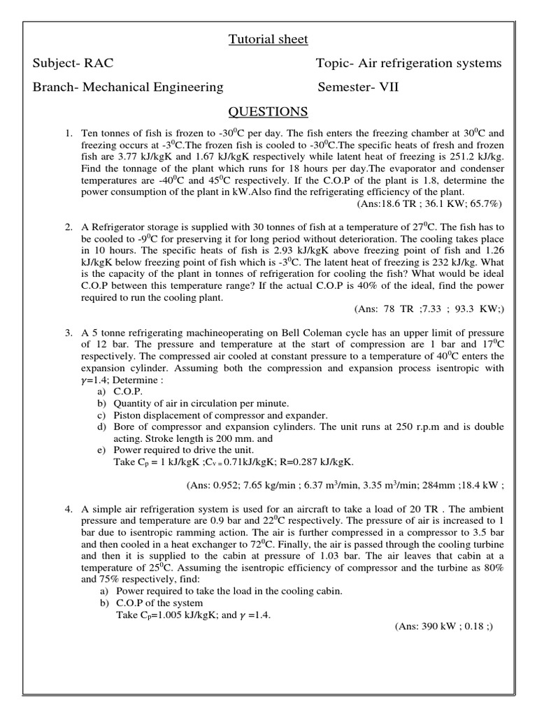 Tutorial Sheet Subject-RAC Topic - Air Refrigeration Systems Branch ...