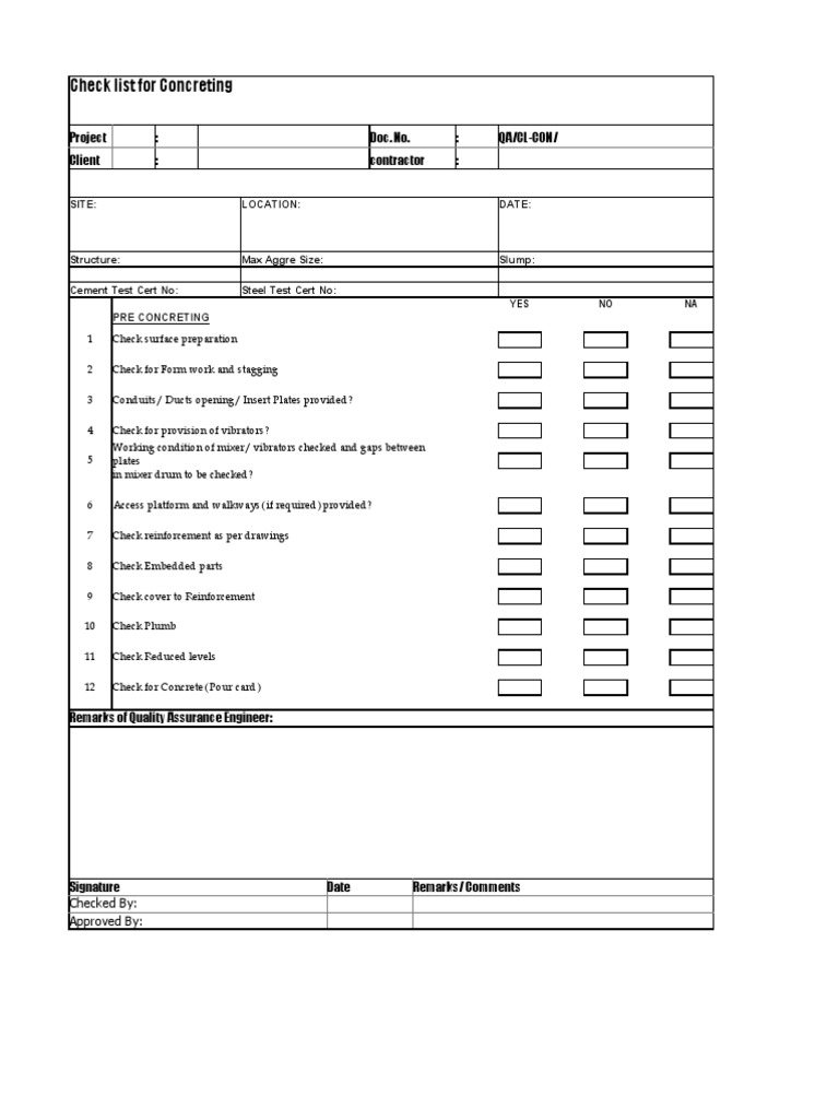 Checklist For Pre Concreting Excel Sheet | PDF