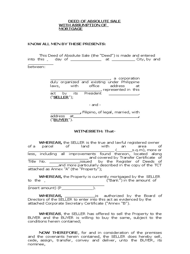 Deed of Absolute Sale With Assumption of Mortgage PDF Deed