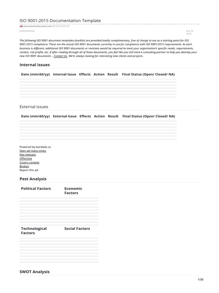 ISO 90012015 DocumentationnbspTemplate | PDF | Quality Management ...