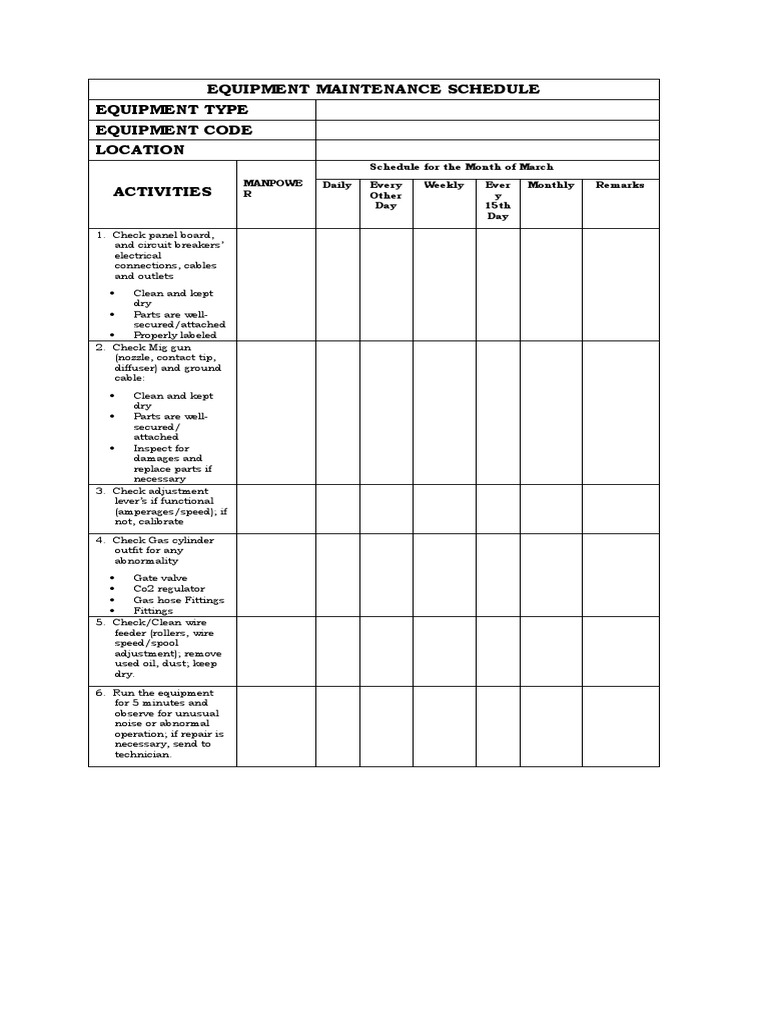 Equipment Maintenance Schedule Equipment Type Equipment Code Location Activities PDF