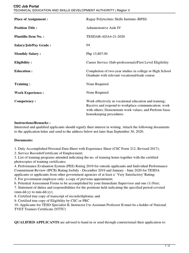 Administrative Aide IV Job Opening | PDF | Vocational Education ...