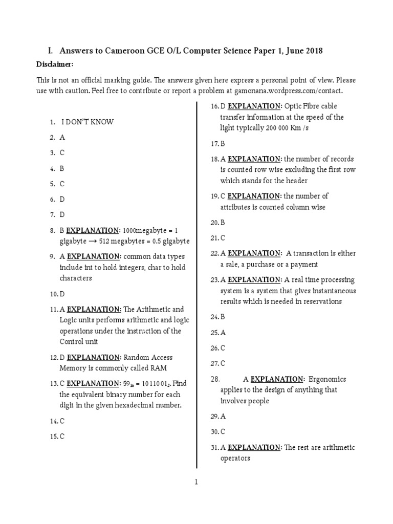 Answers and Explanations to the June 2018 Cameroon GCE O/L Computer