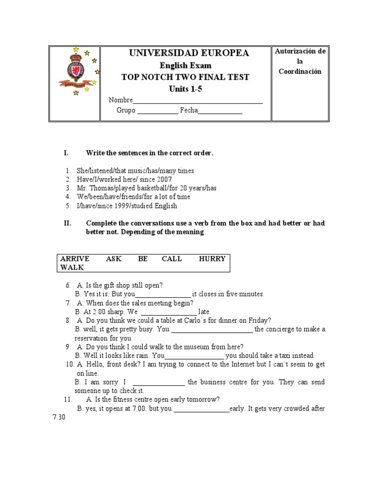Top Notch 2 Final Test: Units 1-5 | PDF