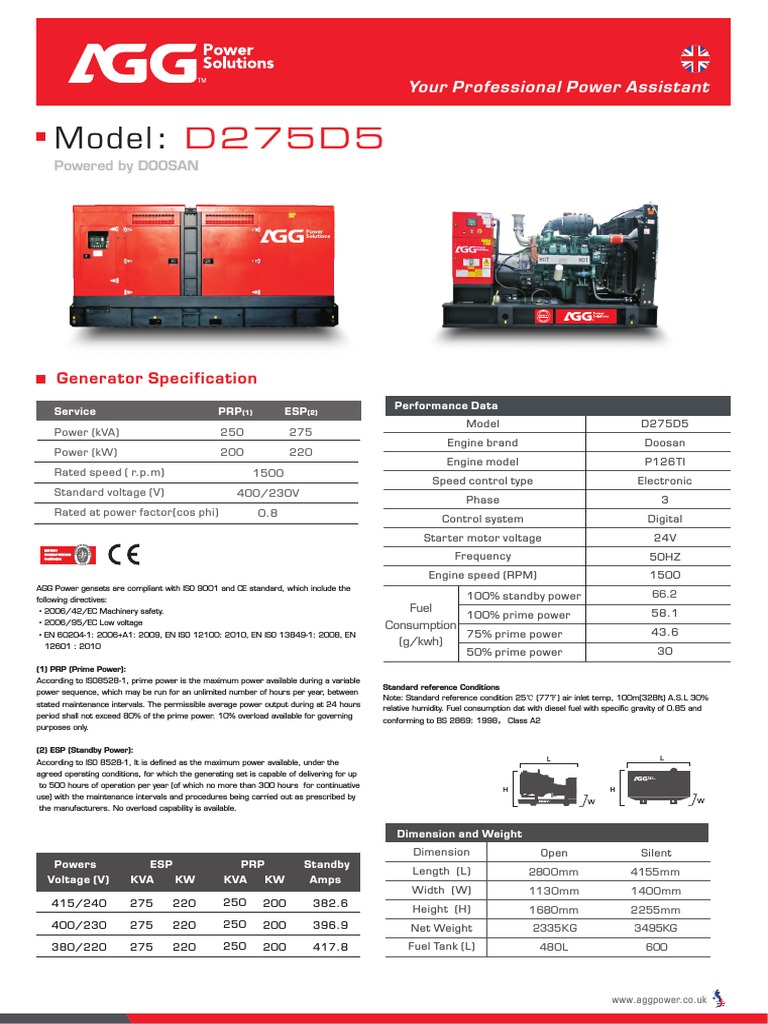 Doosan D275D5 Generator Specs | PDF | Pump | Engines