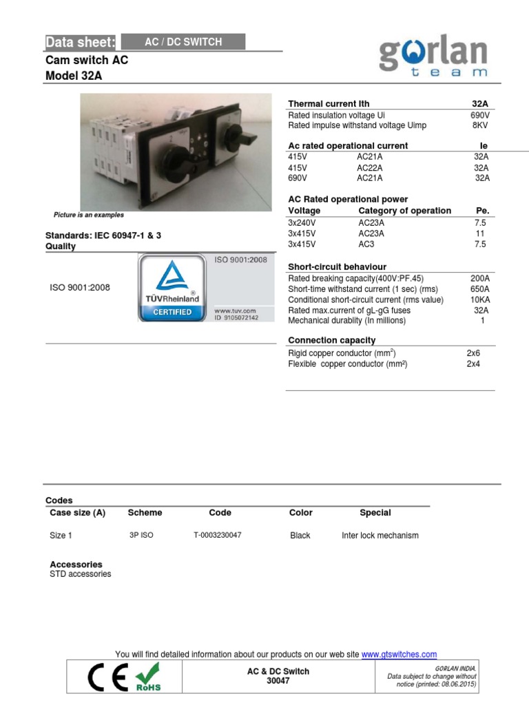 32A AC Switch Specifications | PDF | Alternating Current | Switch