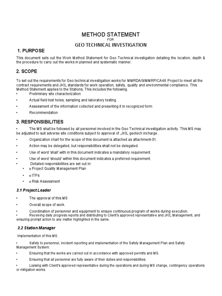 Method Statement Geo Technical Investigation: 1. Purpose | PDF ...