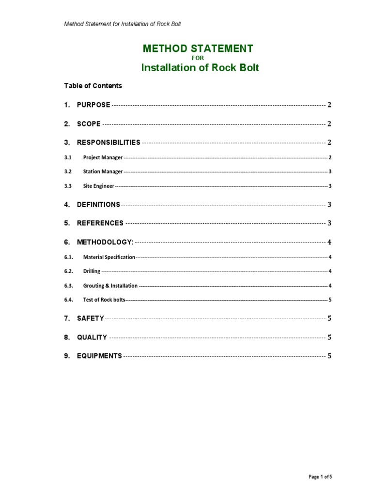 Rock Bolt Installation Method Statement | PDF | Quality Assurance | Screw