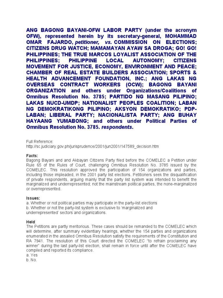Ang bagong bayani vs comelec pdf commission on elections