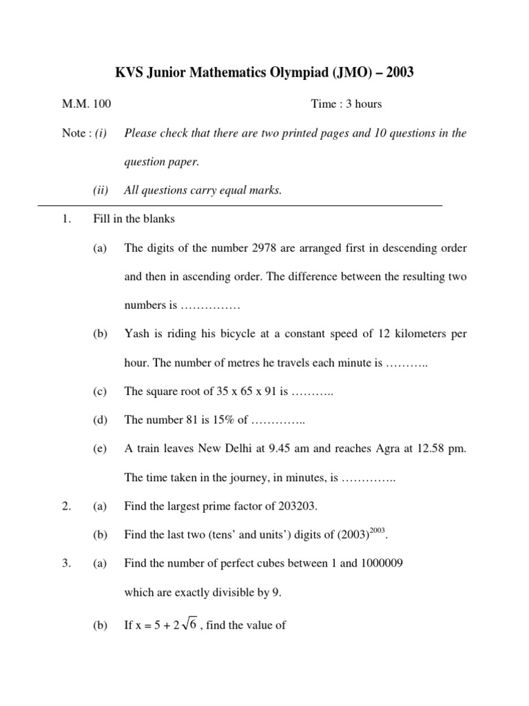 KVS JMO 2003 Question Paper | PDF | Area | Geometry