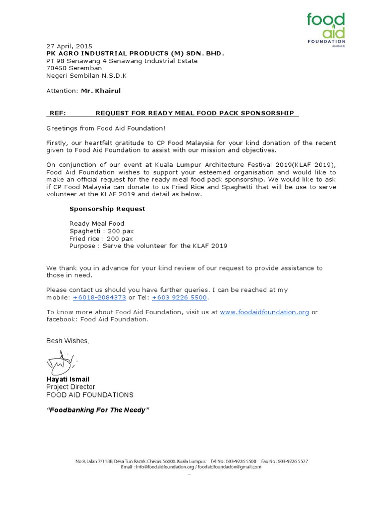 Request for Meal Sponsorship at KLAF 2019 | PDF