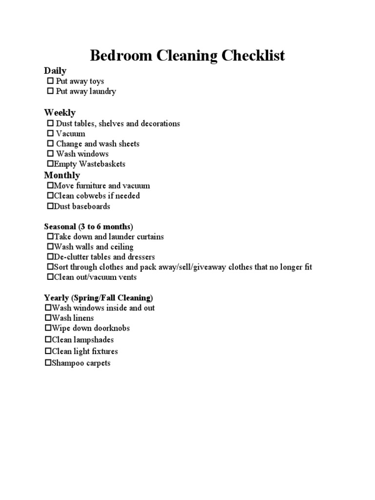 Bedroom Cleaning Checklist PDF