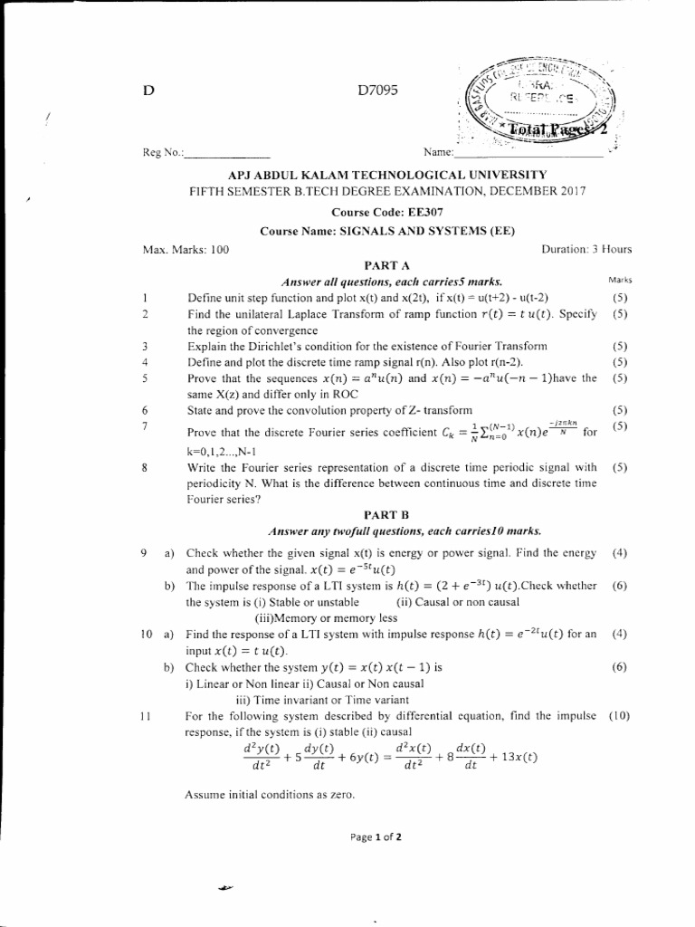 Signals and System Dec 2017 Question Paper KTU PDF