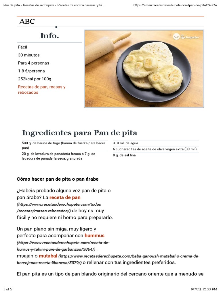 Pan de Pita - Recetas de Rechupete - Recetas de Cocina Caseras y Fáciles |  PDF | Levadura de panadería | Panes