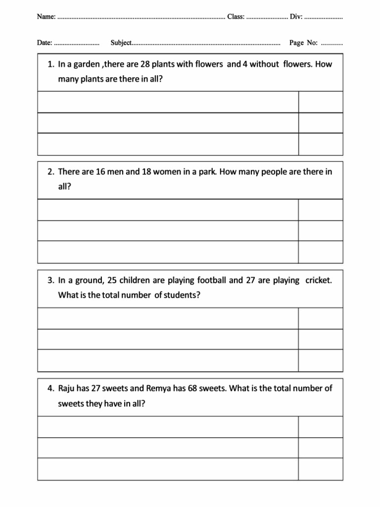 Maths Worksheet Class 2 Addition Word Problem PDF