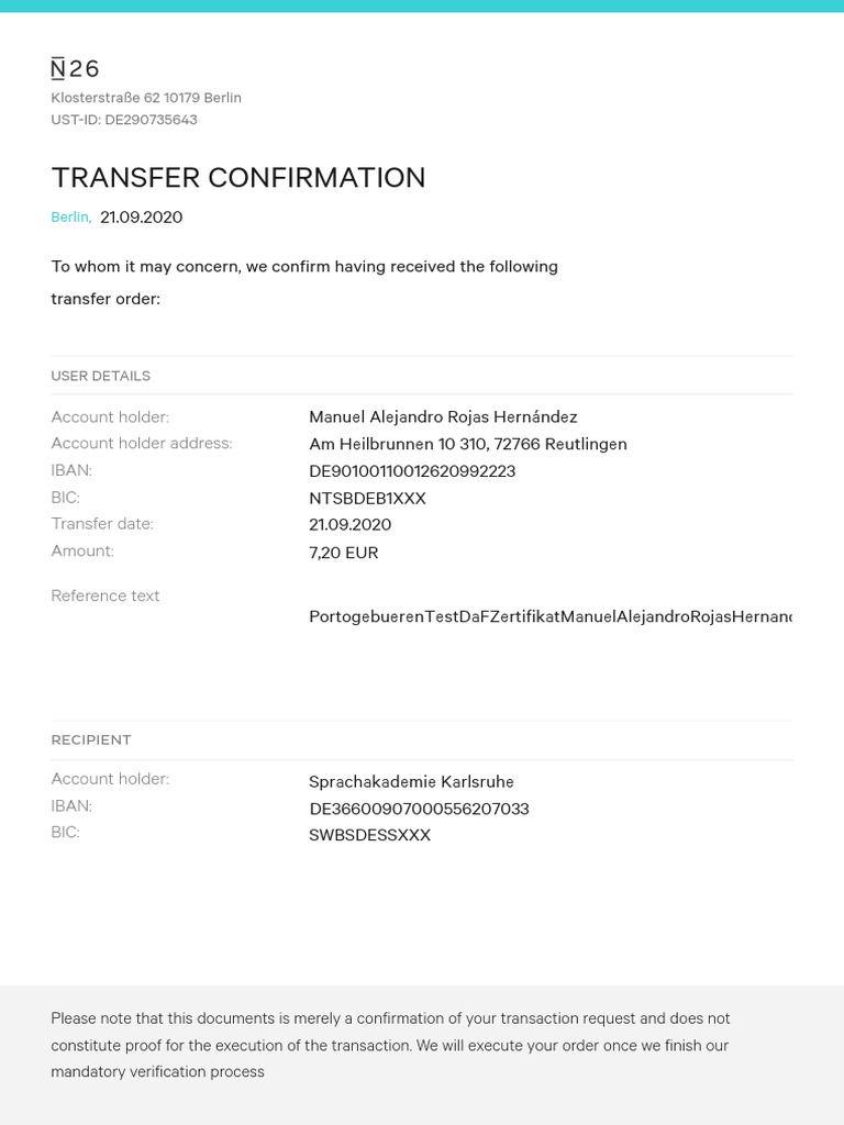 Transfer Confirmation Document | PDF