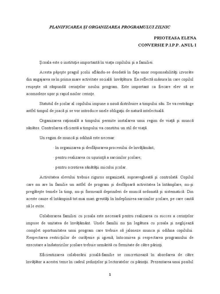 Planificarea Și Organizarea Programului Zilnic | PDF