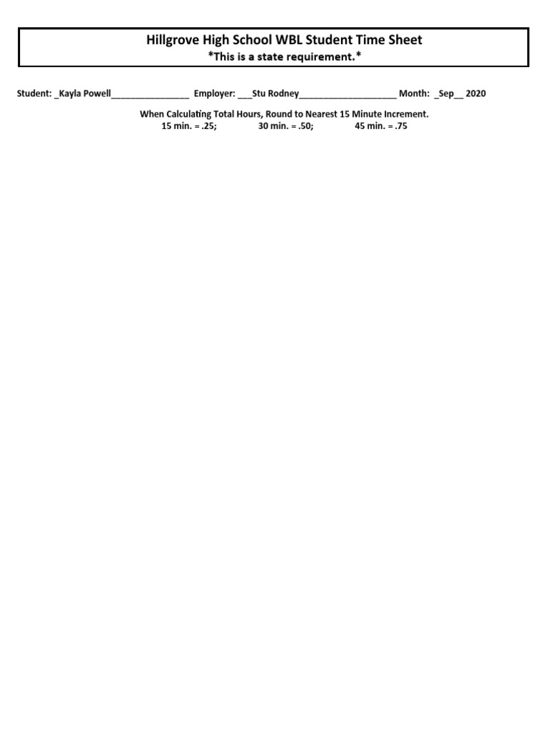 Hillgrove High School WBL Student Time Sheet This Is A State