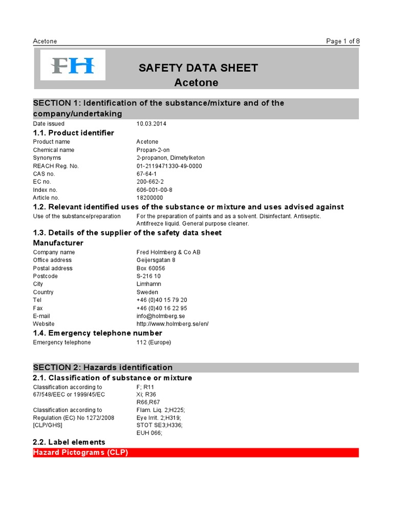 Acetone MSDS PDF Chemistry Occupational Safety And Health