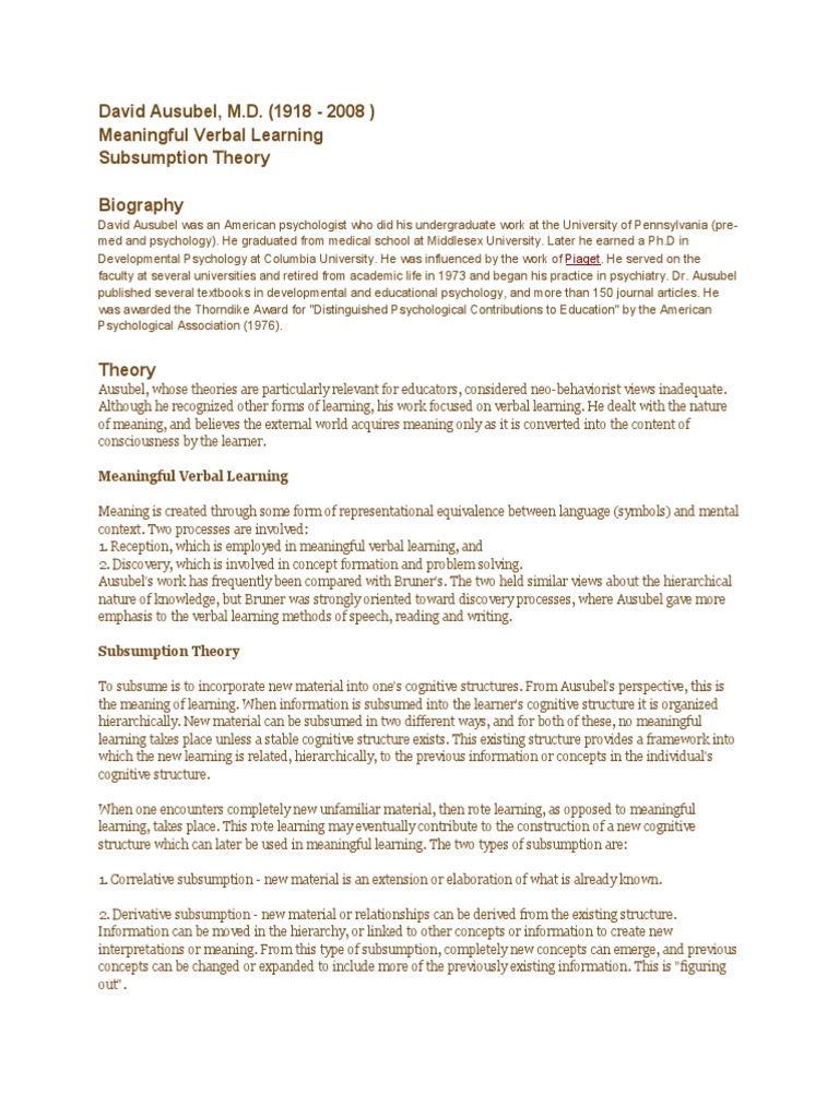 Ausubel's Subsumption Theory Explained | PDF | Hierarchy | Learning ...
