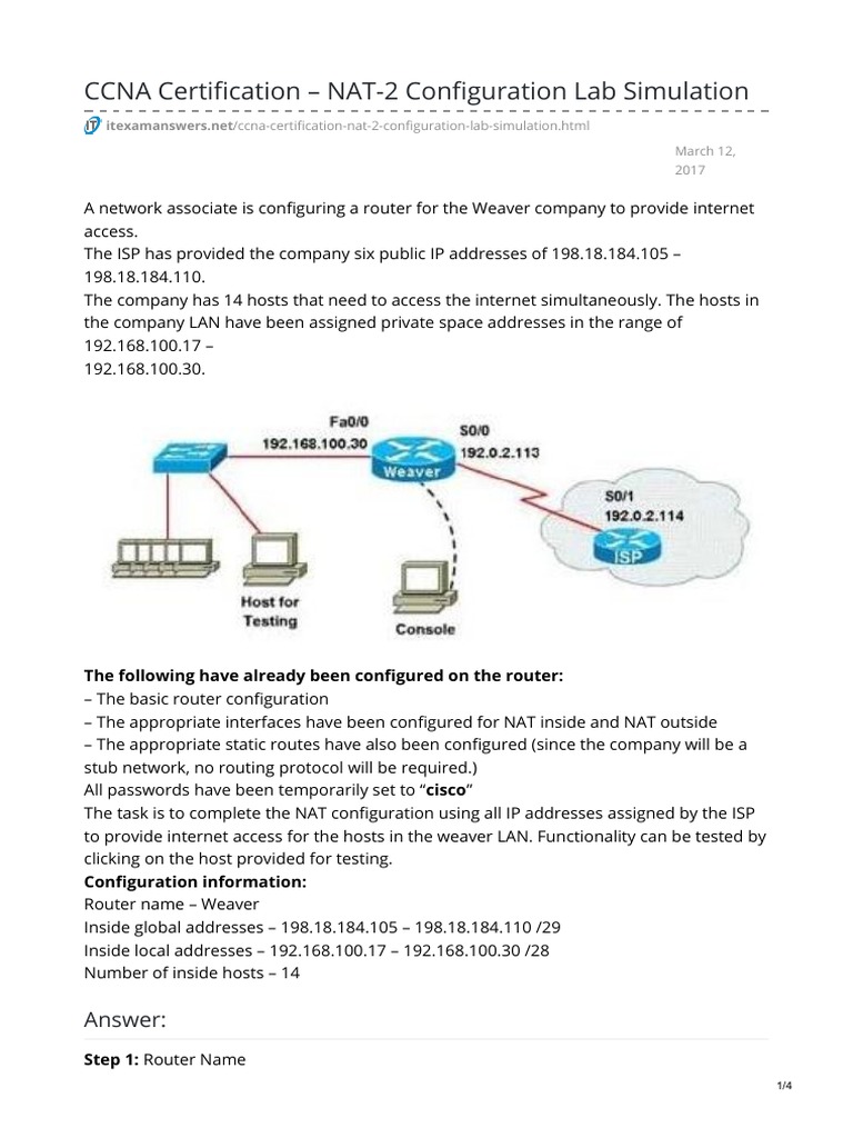 CCNA Certification NAT-2 Configuration Lab Simulation | PDF | Home ...