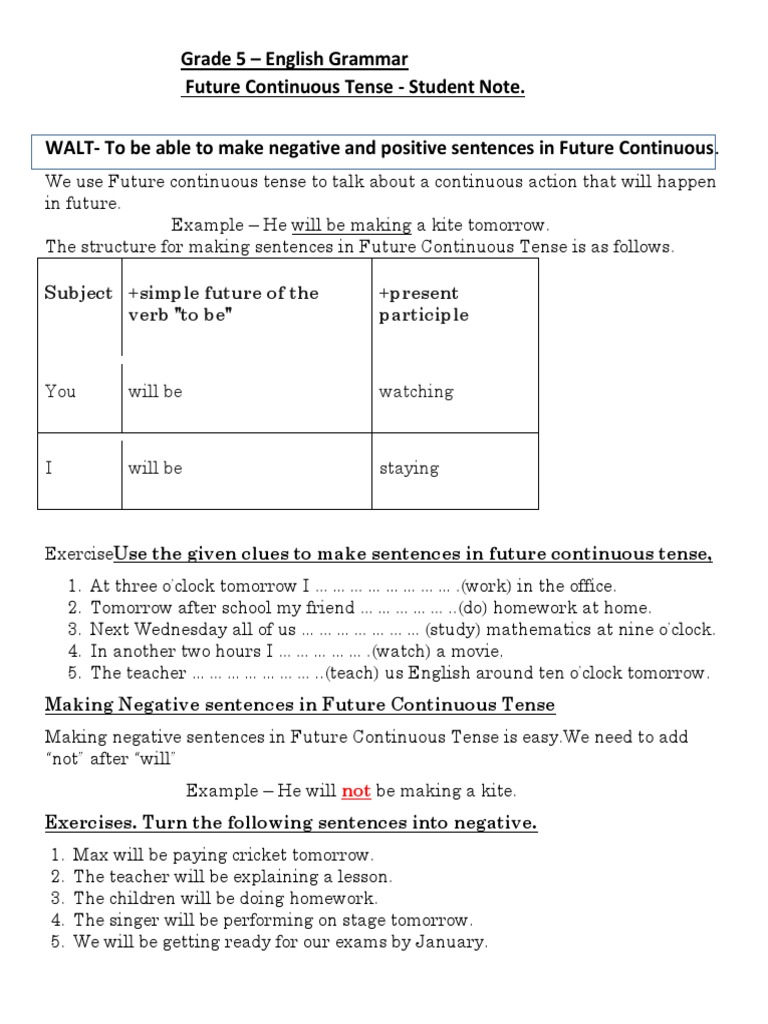 Future Continuous Tense for Grade 5 | PDF