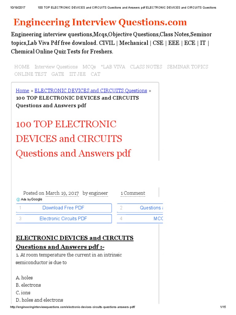 100 Top Electronic Devices and Circuits Questions and Answers PDF