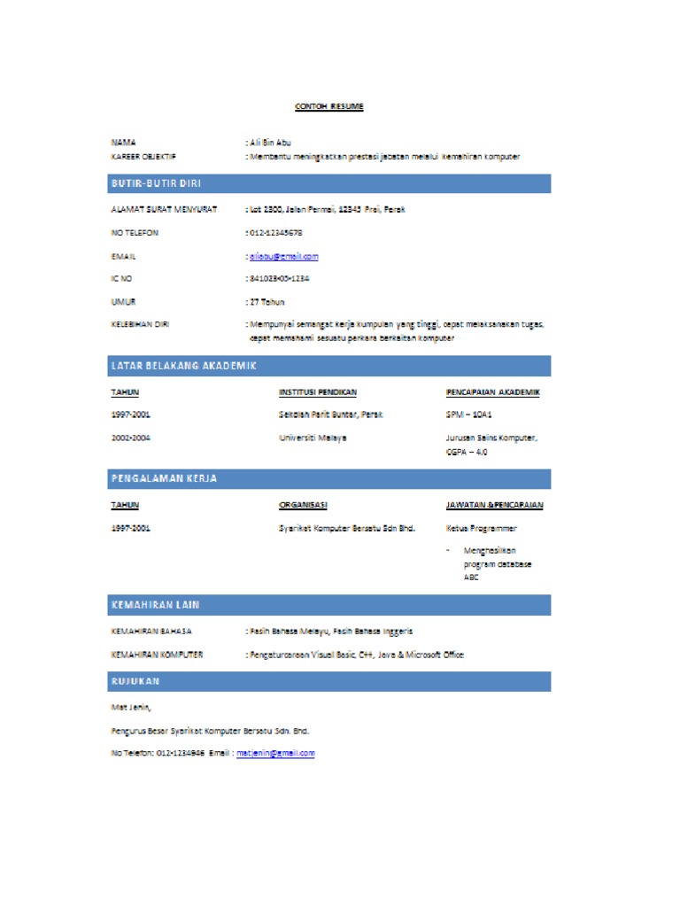 Contoh Resume Permohonan Kerja Kerajaan