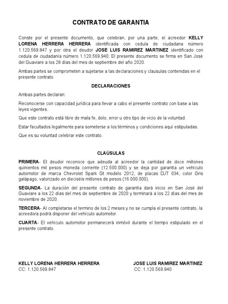 Contrato De Garantia Ejemplo , Contrato de Garantía Prendaria ...