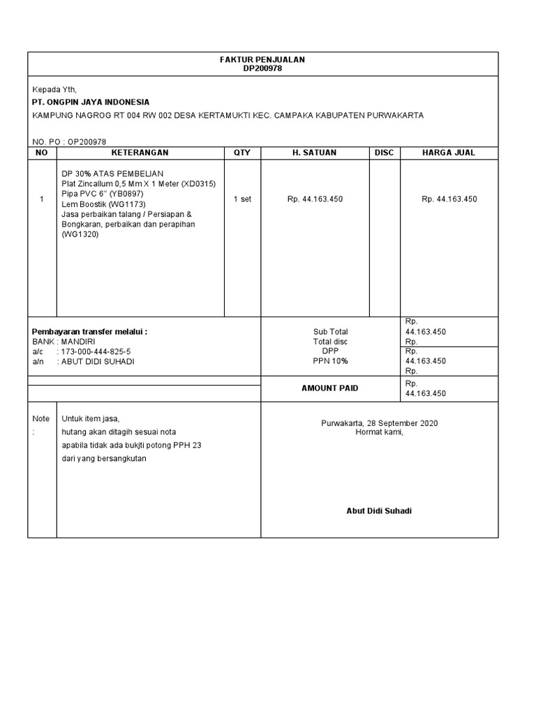 Invoice DP 30% untuk PT Ongpin Jaya | PDF