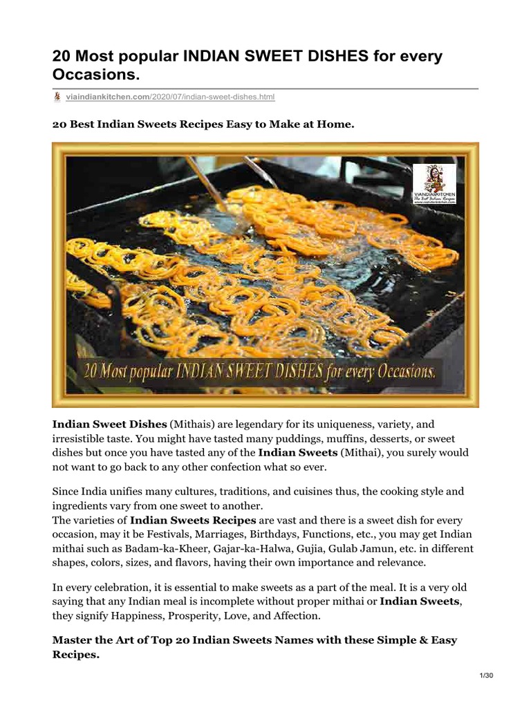 Top 20 Indian Sweets and Recipes | PDF | Desserts | South Asian Cuisine