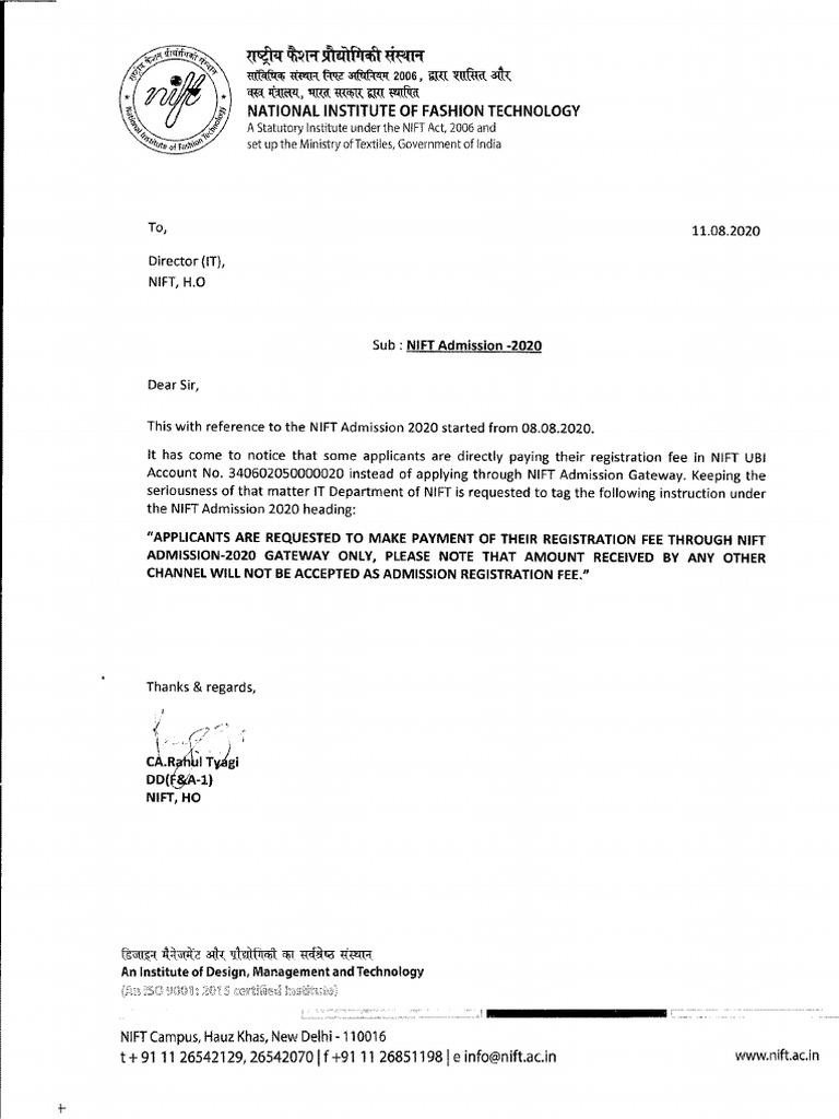 NIFT Admission Registration Fee | PDF