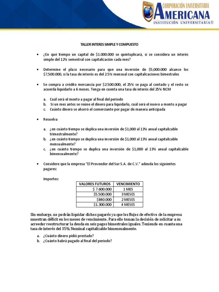 Taller Interes Simple y Compuesto Ii | PDF | Tasas de interés | Interés