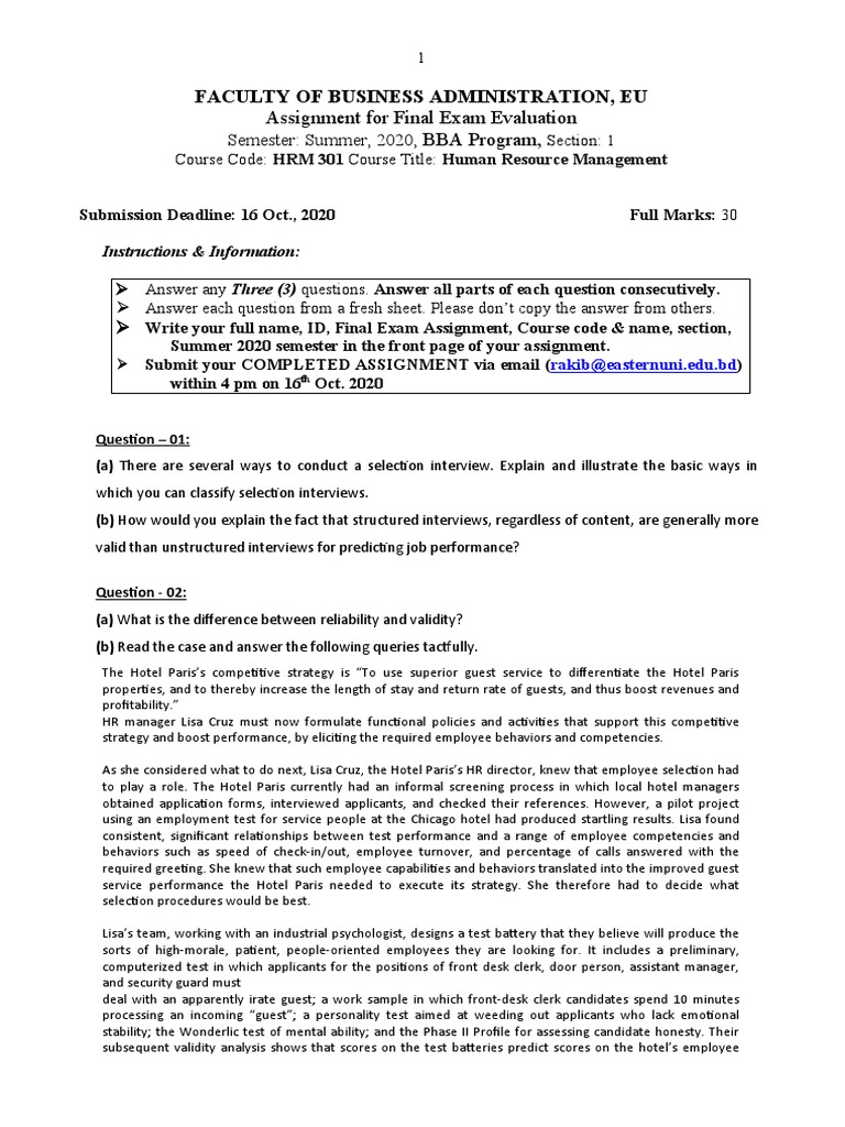 HRM 301 Final Exam Guidelines | PDF | Human Resource Management ...