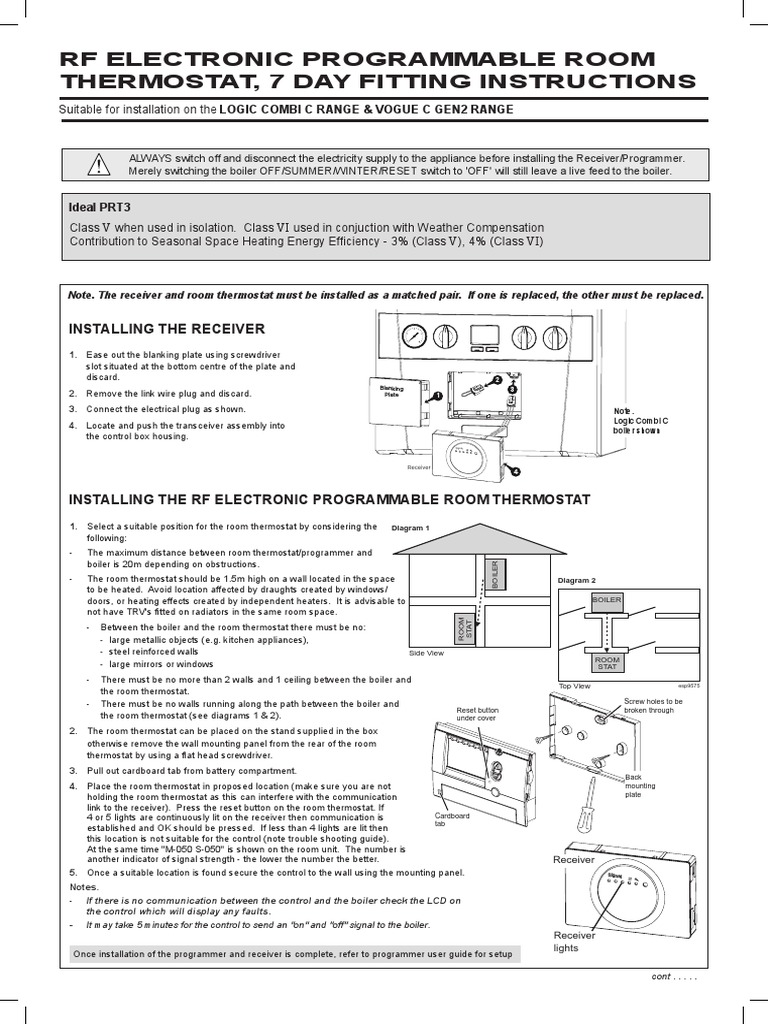 RF Electronic Programmable Room Thermostat, 7 Day Fitting Instructions