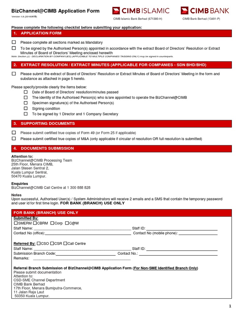 Bizchannel Cimb Application Form Ver1 8 Pdf Financial Transaction Payments