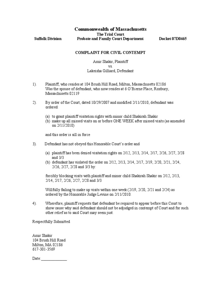Civil Contempt Complaint: Shakir vs. Gilliard | PDF | United States Law ...