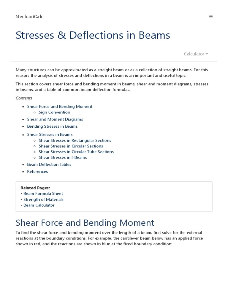 Beam Stress & Deflection MechaniCalc PDF Bending Beam (Structure)