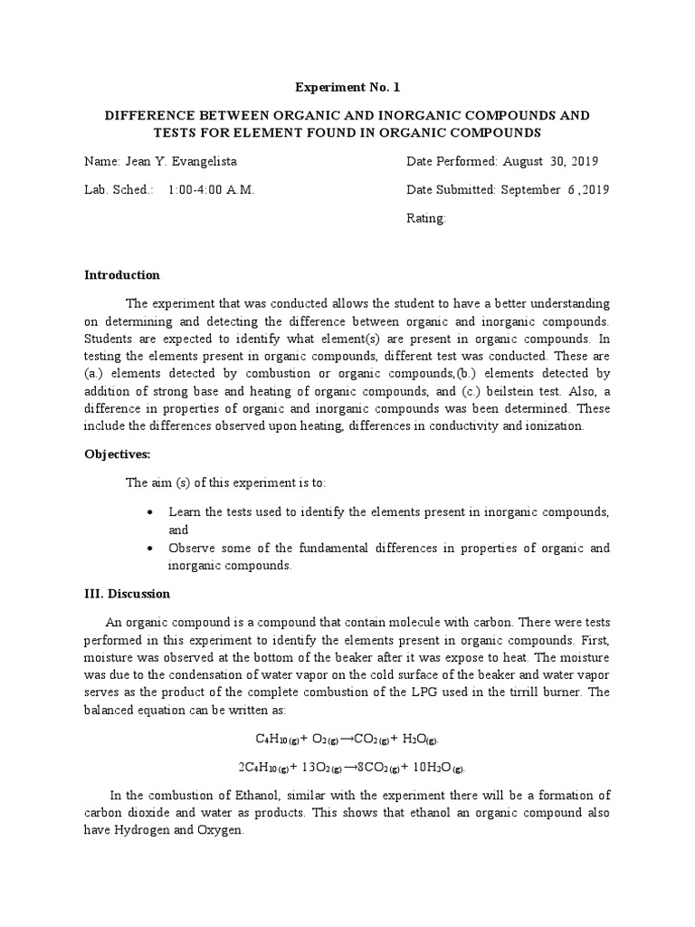 Experiment No. 1 Difference Between Organic and Compounds and