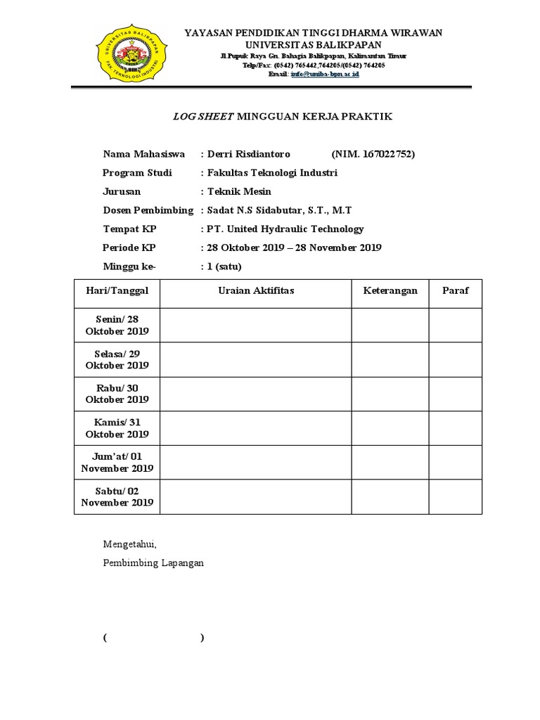 Log Sheet Mingguan Kerja Praktik | PDF