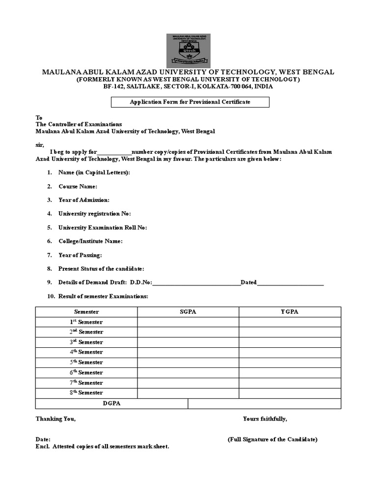 Provisional Certificate Application Form | PDF