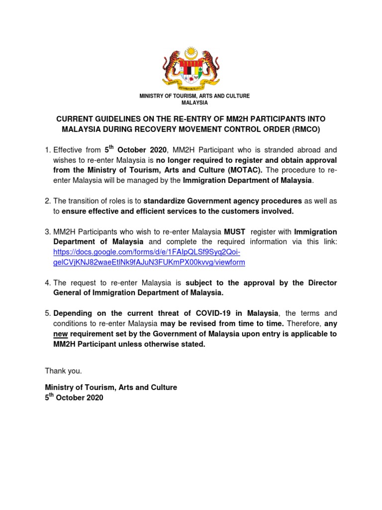 Current Guidelines On The Re Entry Of Mm2h Participants Into Malaysia
