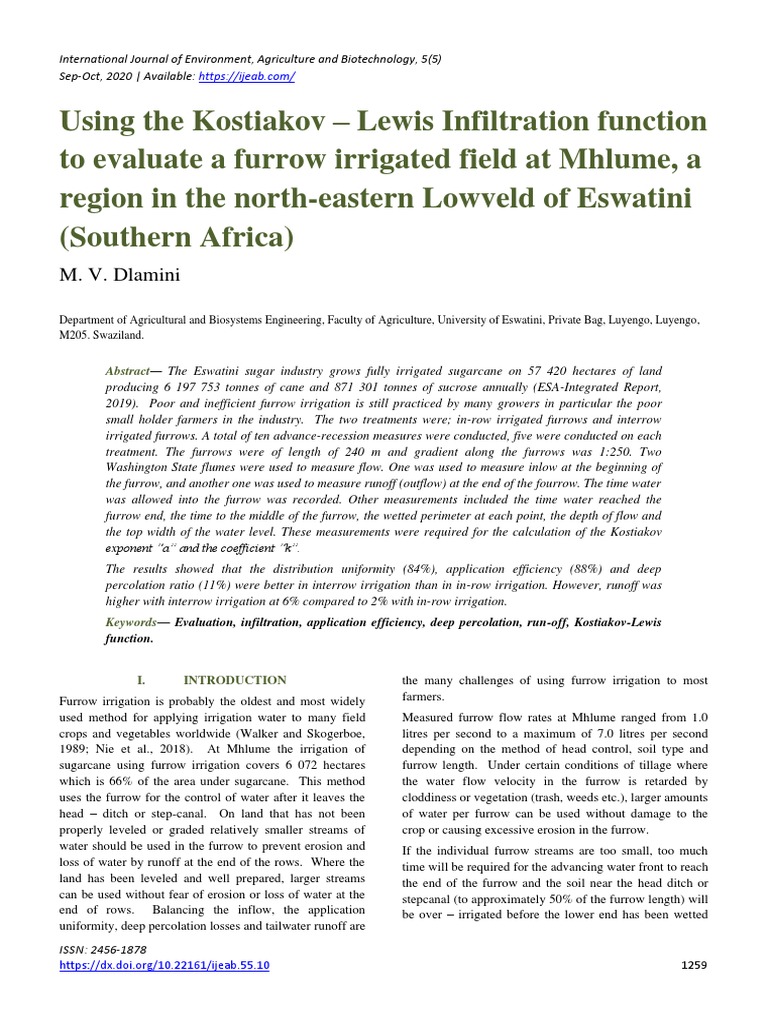 Using The Kostiakov - Lewis Infiltration Function To Evaluate A Furrow ...