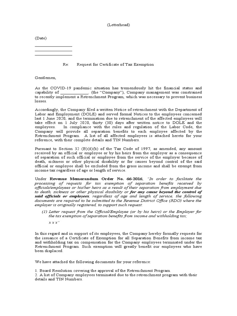 Request Letter For Tax Exemption Sample | PDF | Unemployment 