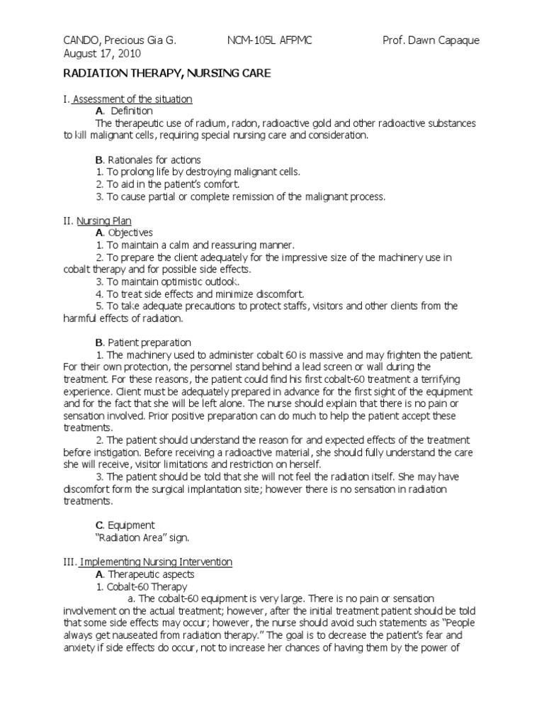Nursing Care for Radiation Therapy | PDF | Radiation Therapy | Cervical ...